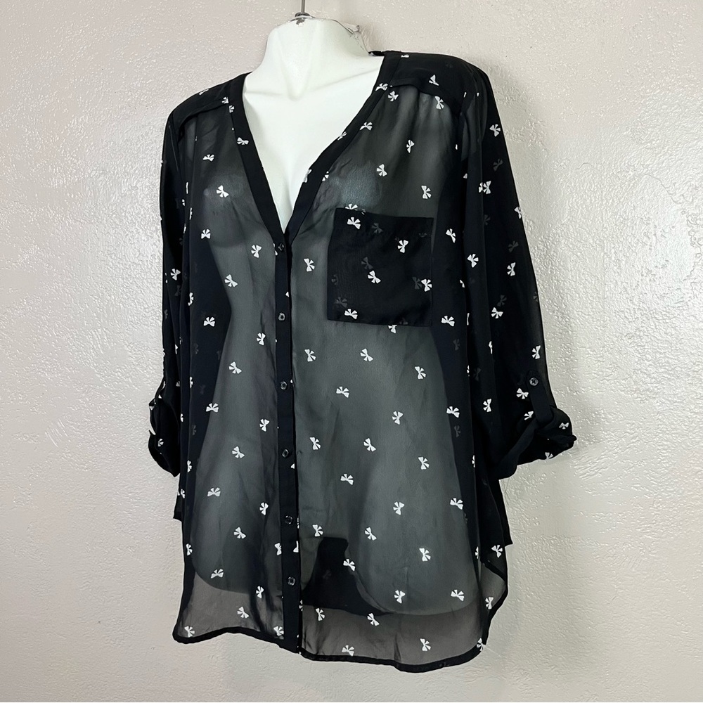 Maurices Women 2 Button Down Blouse Semi-Sheer Bow V-Neck Tab Sleeves 5 for $30 - Picture 6 of 16